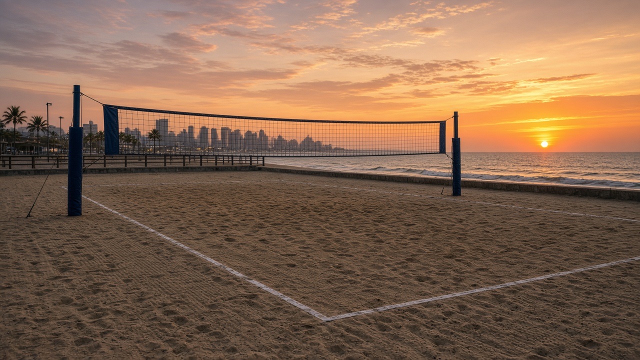 Quadra de futevôlei na areia ao nascer do sol, na orla urbana de Fortaleza