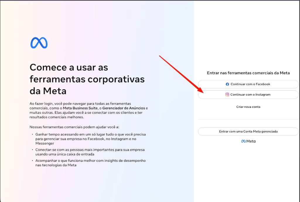 Tela de login da Meta com o botão Continuar com o Instagram