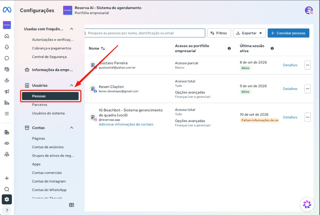 Menu Configurações com a opção Pessoas selecionada