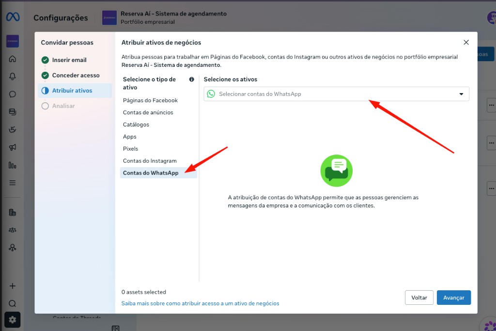 Etapa Atribuir ativos com Contas do WhatsApp selecionado