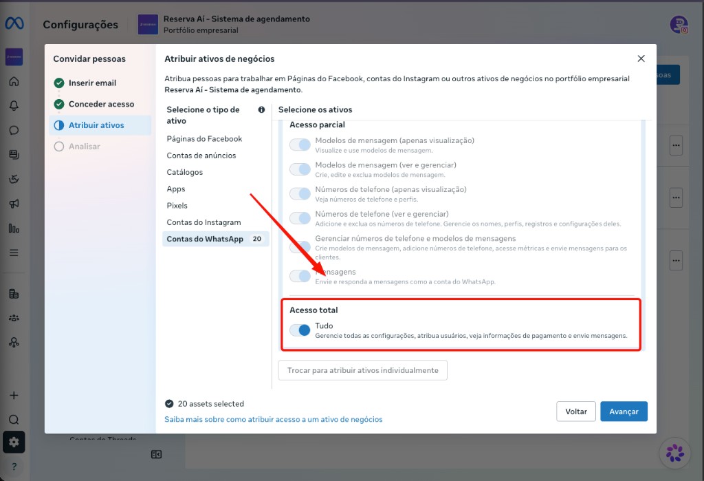 Acesso total marcado para as contas do WhatsApp
