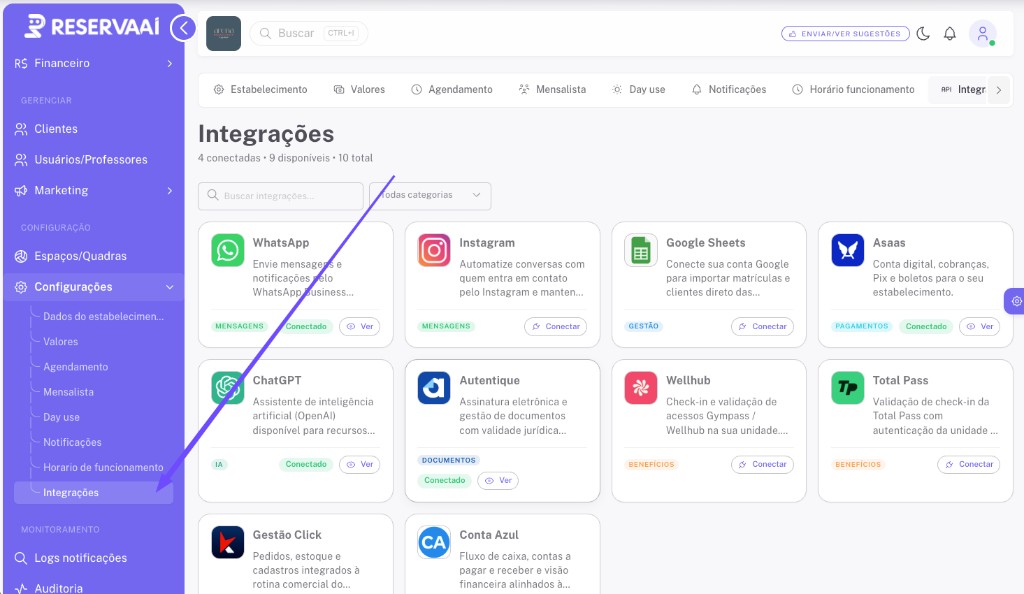 Menu Configurações com Integrações selecionado