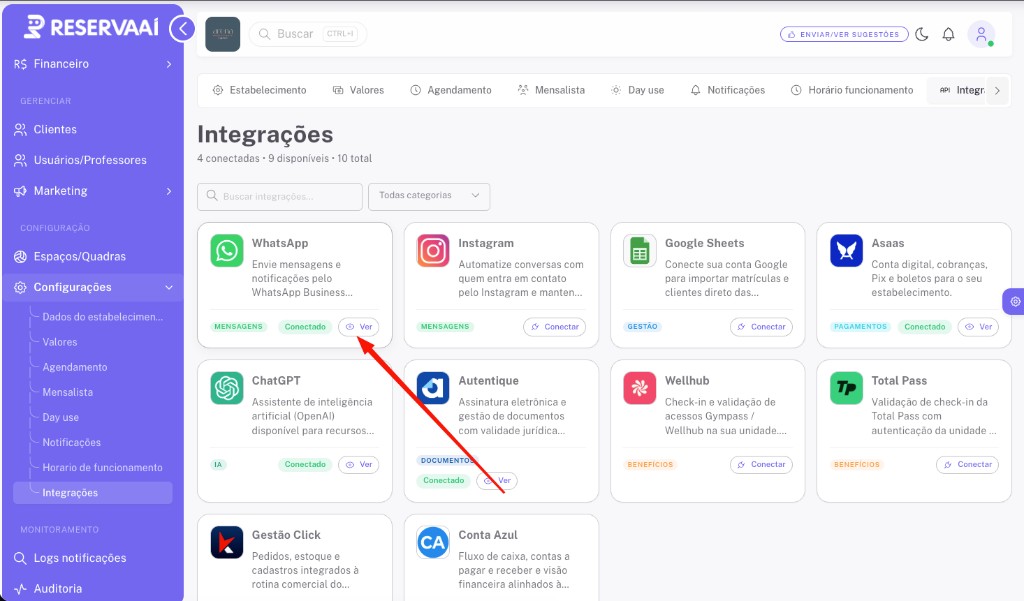Card WhatsApp na tela de Integrações com o botão Ver