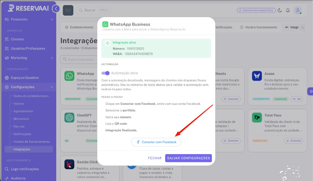 Janela WhatsApp Business com o botão Conectar com Facebook