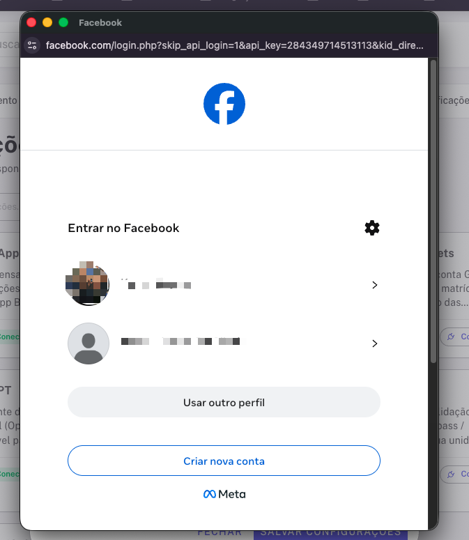 Tela de login do Facebook para autorizar a conexão