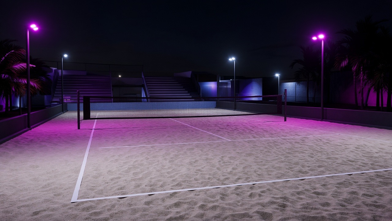 Quadra de areia iluminada à noite