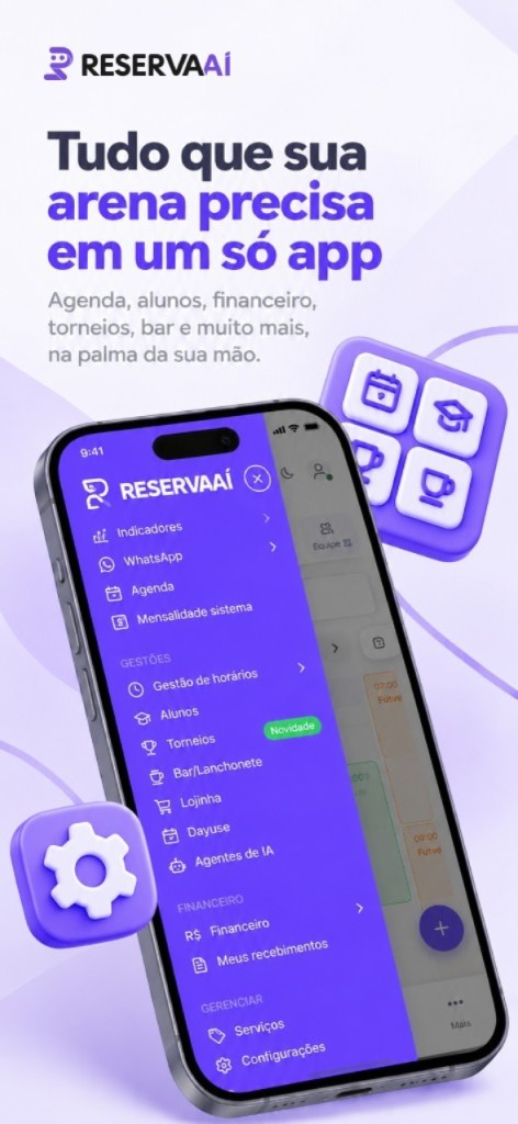 Tudo que sua arena precisa em um só app: agenda, alunos, financeiro, torneios e bar.