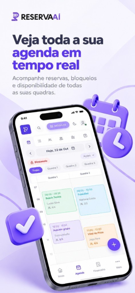 Agenda em tempo real com reservas, bloqueios e disponibilidade das quadras.