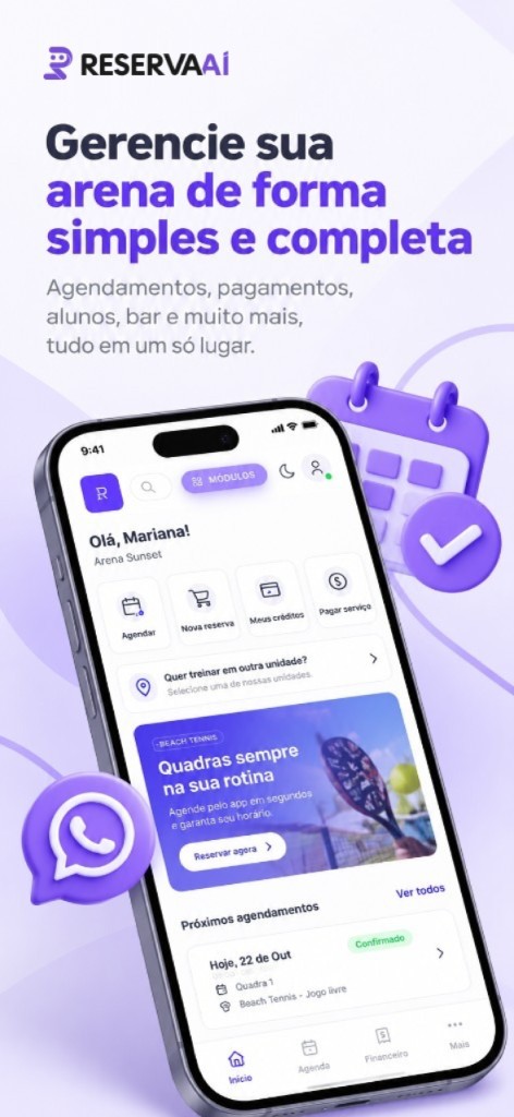 Gestão da arena no celular: agendamentos, pagamentos, alunos e bar.