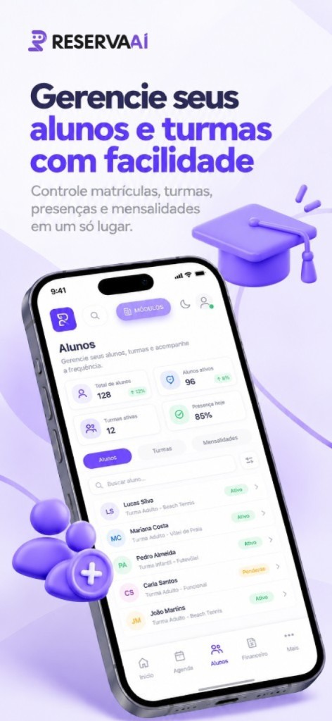 Gestão de alunos e turmas, com matrículas, presenças e mensalidades.