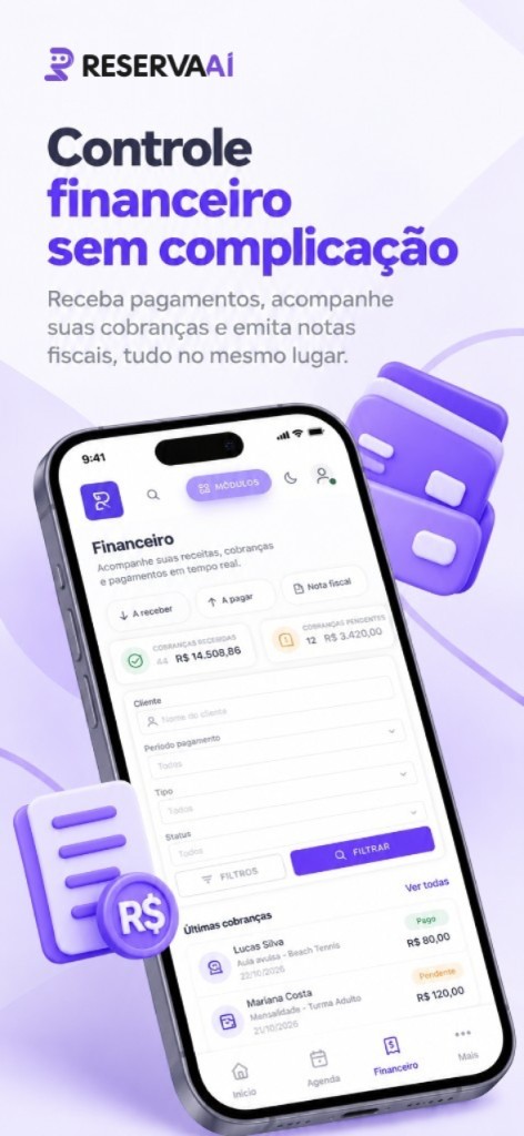 Controle financeiro com cobranças, recebimentos e notas fiscais.