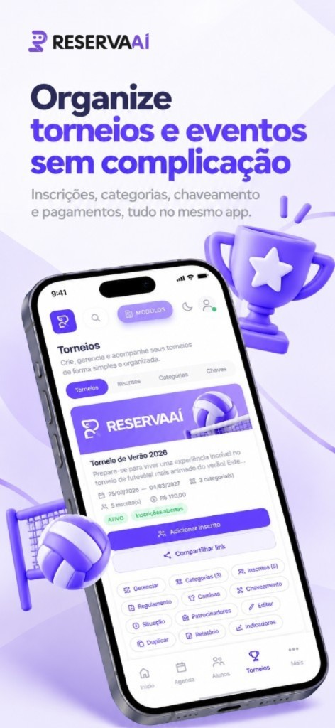 Torneios e eventos com inscrições, categorias, chaveamento e pagamentos.