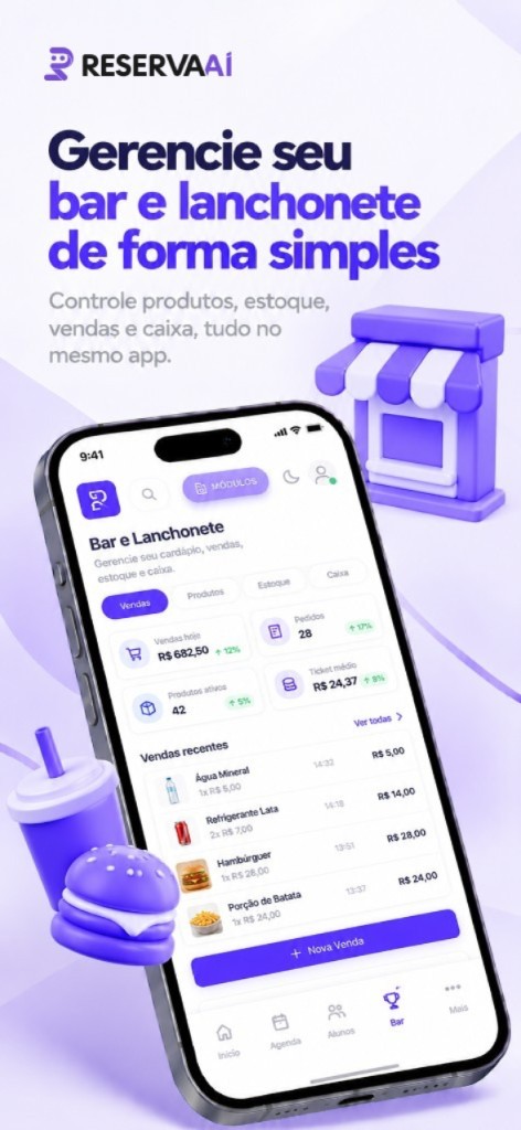 Bar e lanchonete com produtos, estoque, vendas e caixa no mesmo app.
